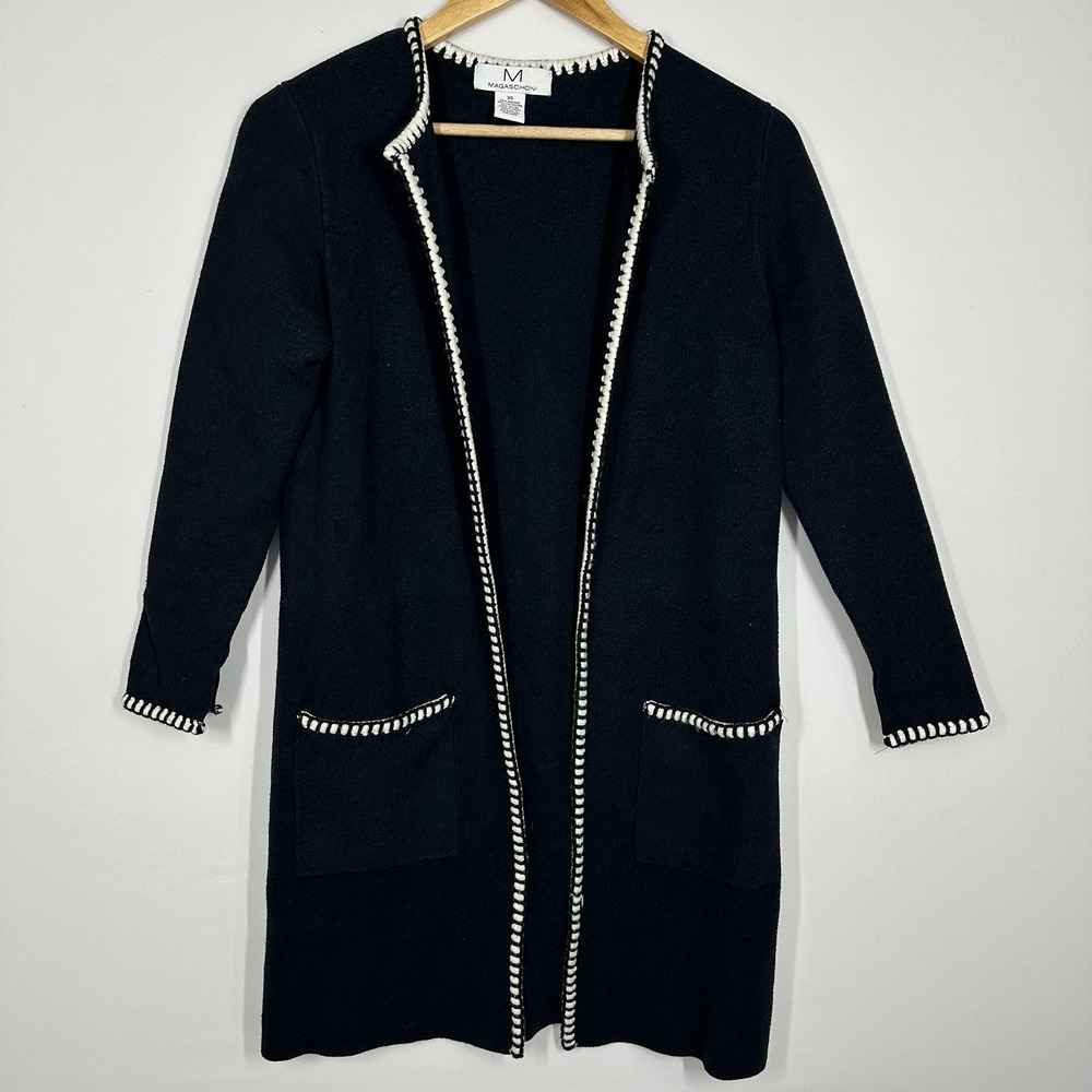 Magaschoni whipstitch Navy Open Front Cardigan Sweater XS Midi